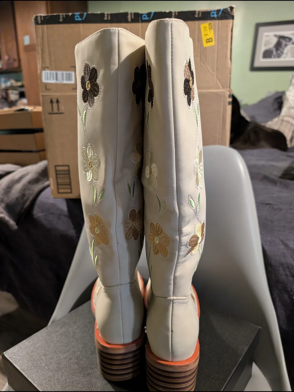 Embroidered Cream Over-the-Knee Boots with Floral Detail